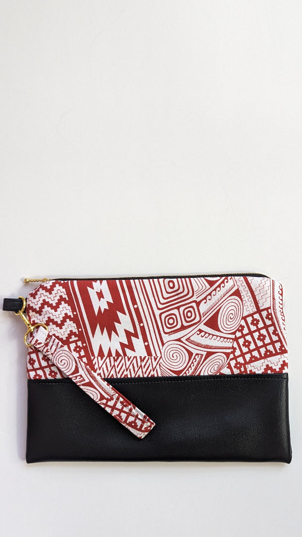 Cait Zippered Clutch- Red & White Geometric