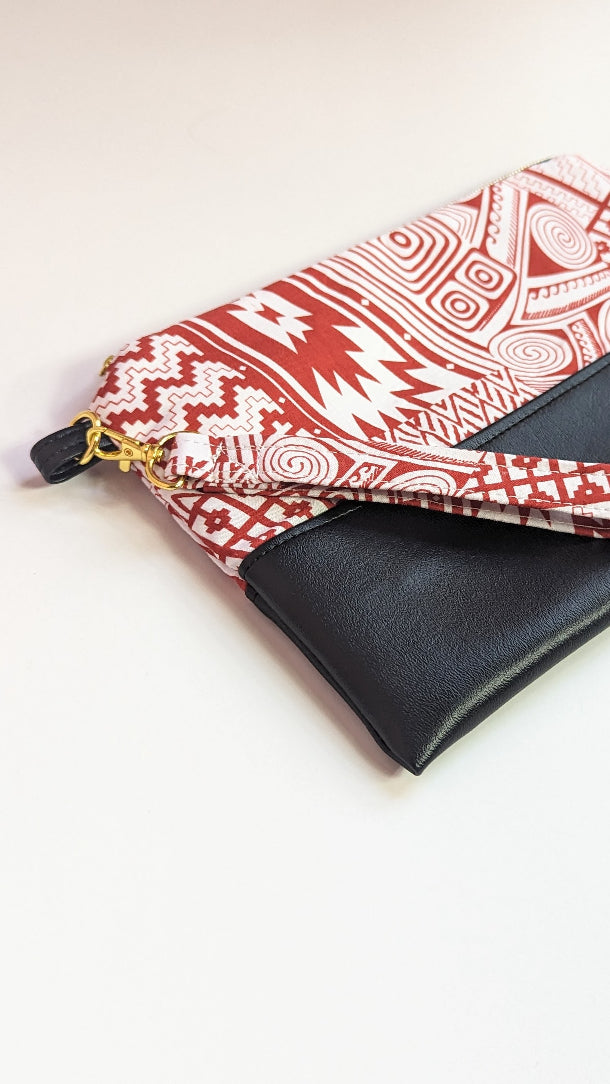 Cait Zippered Clutch- Red & White Geometric