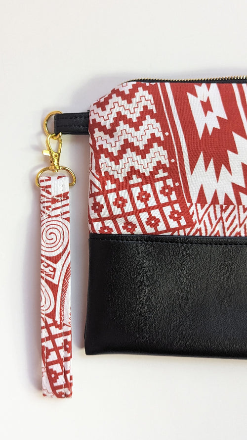 Cait Zippered Clutch- Red & White Geometric