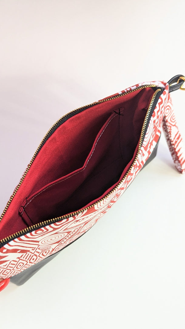 Cait Zippered Clutch- Red & White Geometric