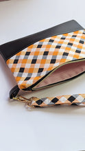 Load image into Gallery viewer, Cait Zippered Clutch- Orange &amp; Black Plaid
