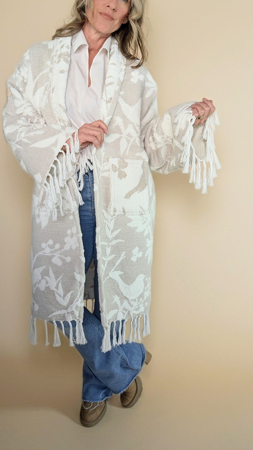 Blanket Cardigan- Birds & Fringe