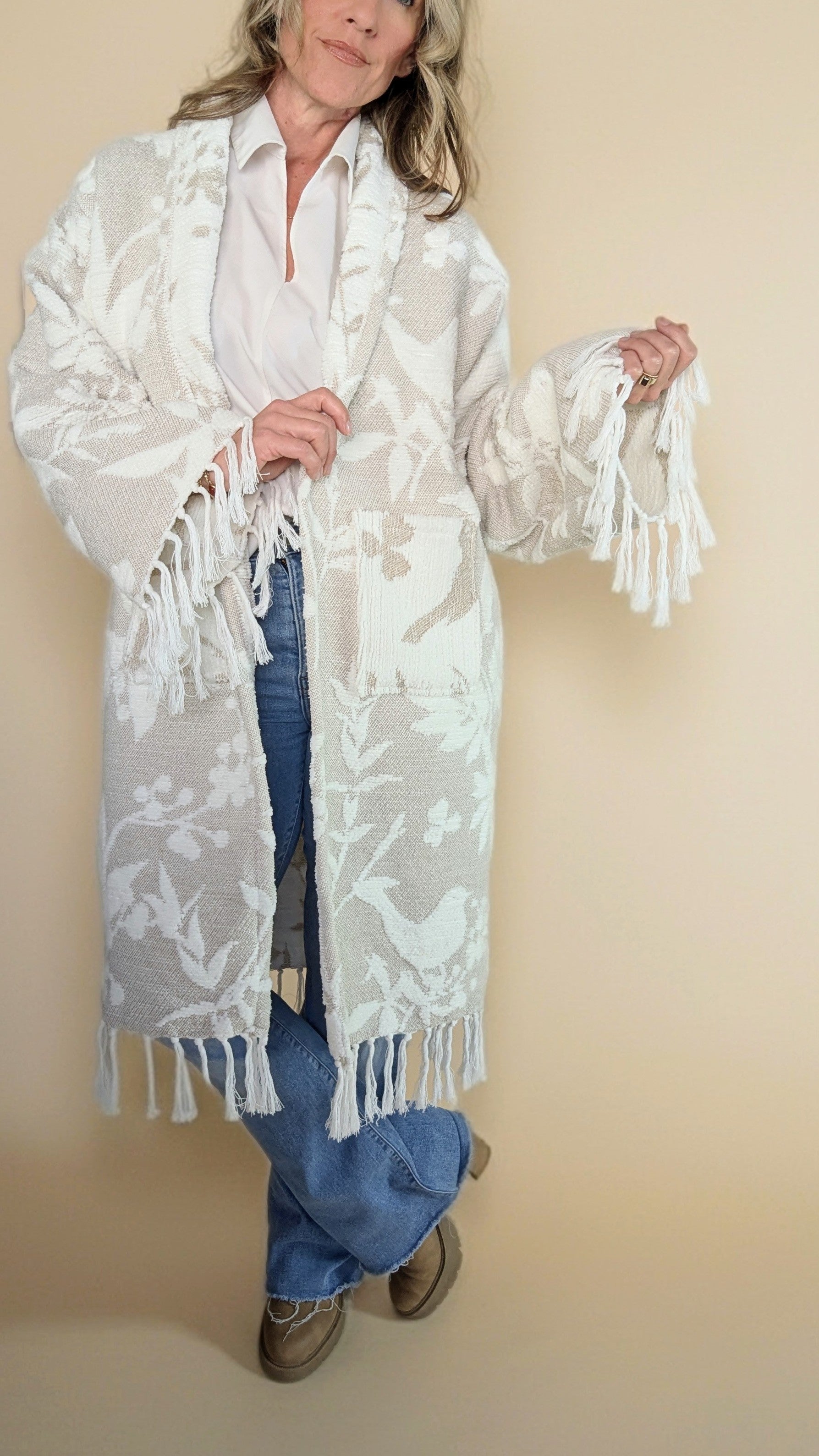 Blanket Cardigan- Birds & Fringe