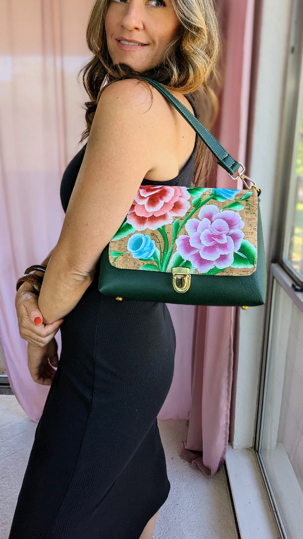 Charlotte Bag- Hand-painted Rose In Green & Cork